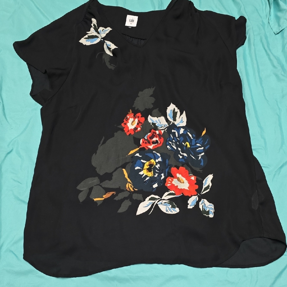 CAbi Black Blouse with Vibrant Floral Accents